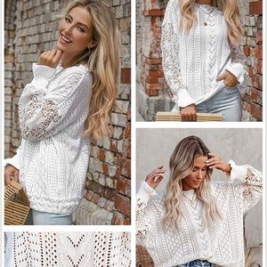 Womens top, hollow out crewneck, knitted fabric, loose fit, long sleeve, crochet